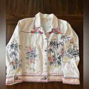 “La Vida” embroidered white jean jacket tropical boho art